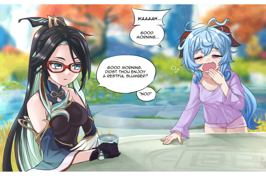 2girls bare_shoulders black_gloves black_hair blue_hair blurry blurry_background breasts cloud_retainer_(genshin_impact) commentary_request cup detached_sleeves ganyu_(genshin_impact) genshin_impact glasses gloves highres holding holding_cup humanization long_sleeves luizhtx medium_breasts multiple_girls outdoors red-framed_eyewear