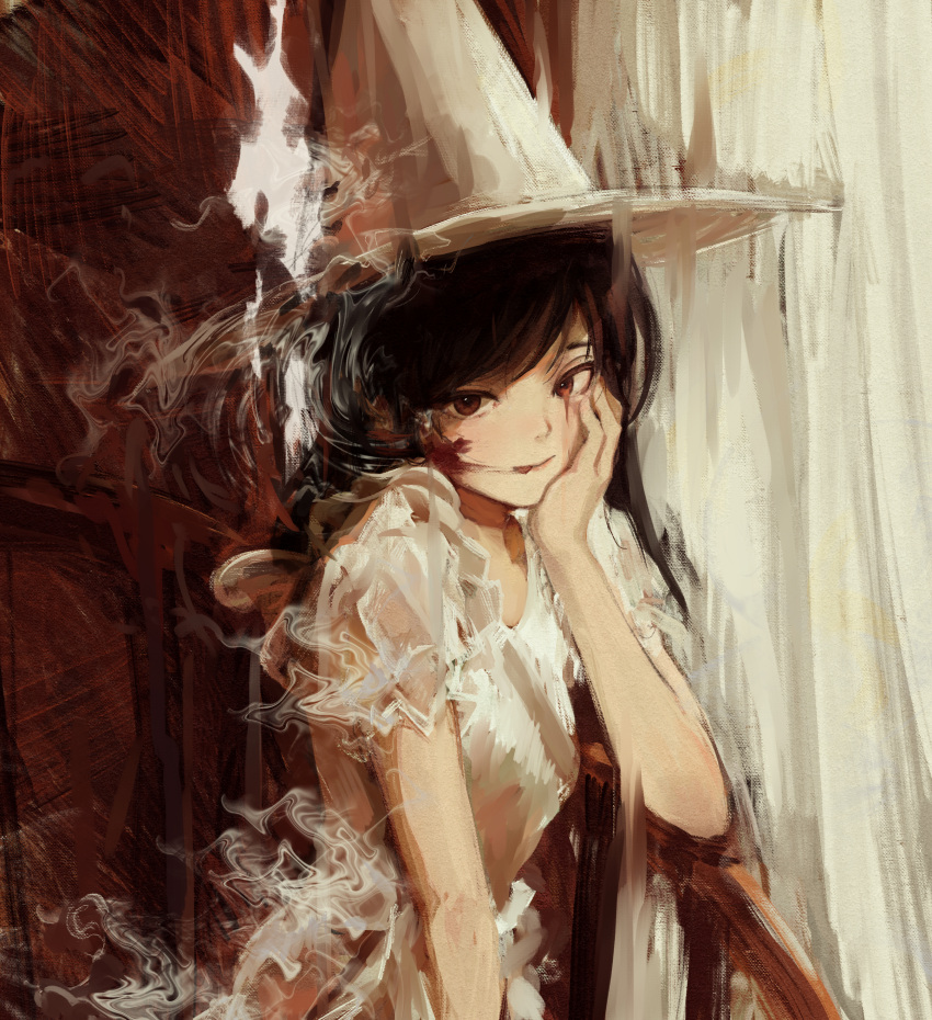 1girl 7ife absurdres black_hair blood blood_on_face brown_eyes closed_mouth commentary dress english_commentary hat highres licking_lips long_hair looking_at_viewer original short_sleeves solo tongue tongue_out upper_body white_dress white_headwear witch witch_hat