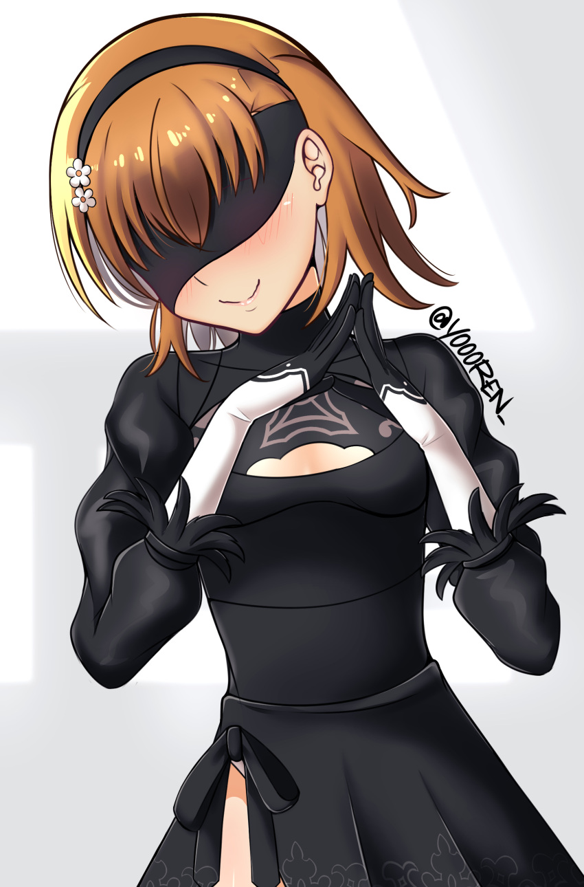 1girl absurdres artist_name black_blindfold black_dress black_gloves black_hairband blindfold blush breasts brown_hair cleavage cleavage_cutout clothing_cutout cosplay crossover dress flower gloves hair_flower hair_ornament hairband hairpin highres juliet_sleeves long_sleeves medium_hair misaka_mikoto nier:automata nier_(series) official_alternate_costume official_cosplay own_hands_together panties panty_peek pink_panties puffy_sleeves side-tie_dress side_slit signature simple_background small_breasts smile solo steepled_fingers toaru_kagaku_no_railgun toaru_majutsu_no_index twitter_username underwear yoren yorha_no._2_type_b yorha_no._2_type_b_(cosplay)