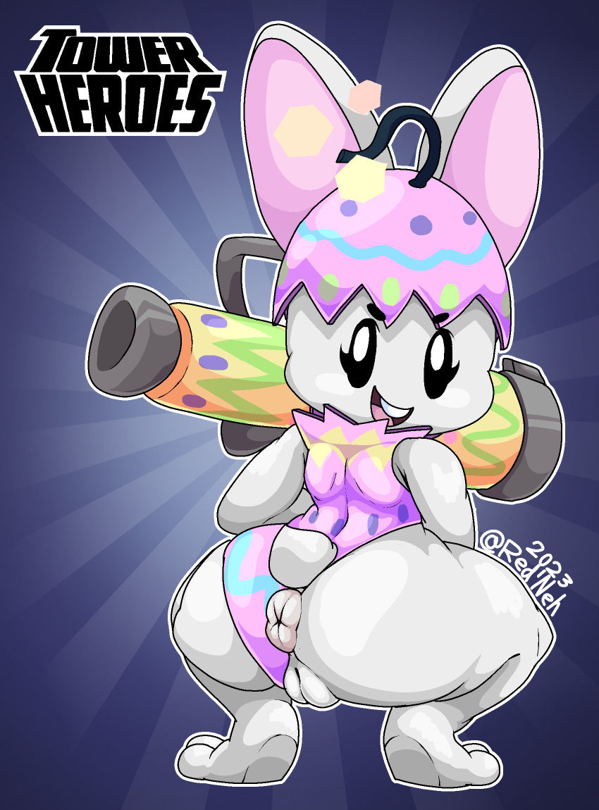 2023 anthro anus big_butt bunny_(tower_heroes) butt clothed clothing crossgender crouching female fur genitals hendersimp hi_res lagomorph leporid looking_at_viewer looking_back mammal pink_clothing plump_labia puffy_anus pussy rabbit ranged_weapon roblox rocket_launcher short_stack simple_background simple_eyes solo thick_thighs tower_heroes watermark weapon white_body white_fur