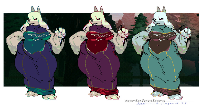 3_toes 4_fingers alternate_color animated anthro breasts chubby_female eyelashes eyes_closed feet female fingers forest forest_background fur hi_res horn jg_genesiskeys nature nature_background navel_outline plant sagging_breasts slightly_chubby solo sprite_art text thick_thighs toes toriel tree undertale_(series) white_body white_ears white_fur white_horn wide_hips