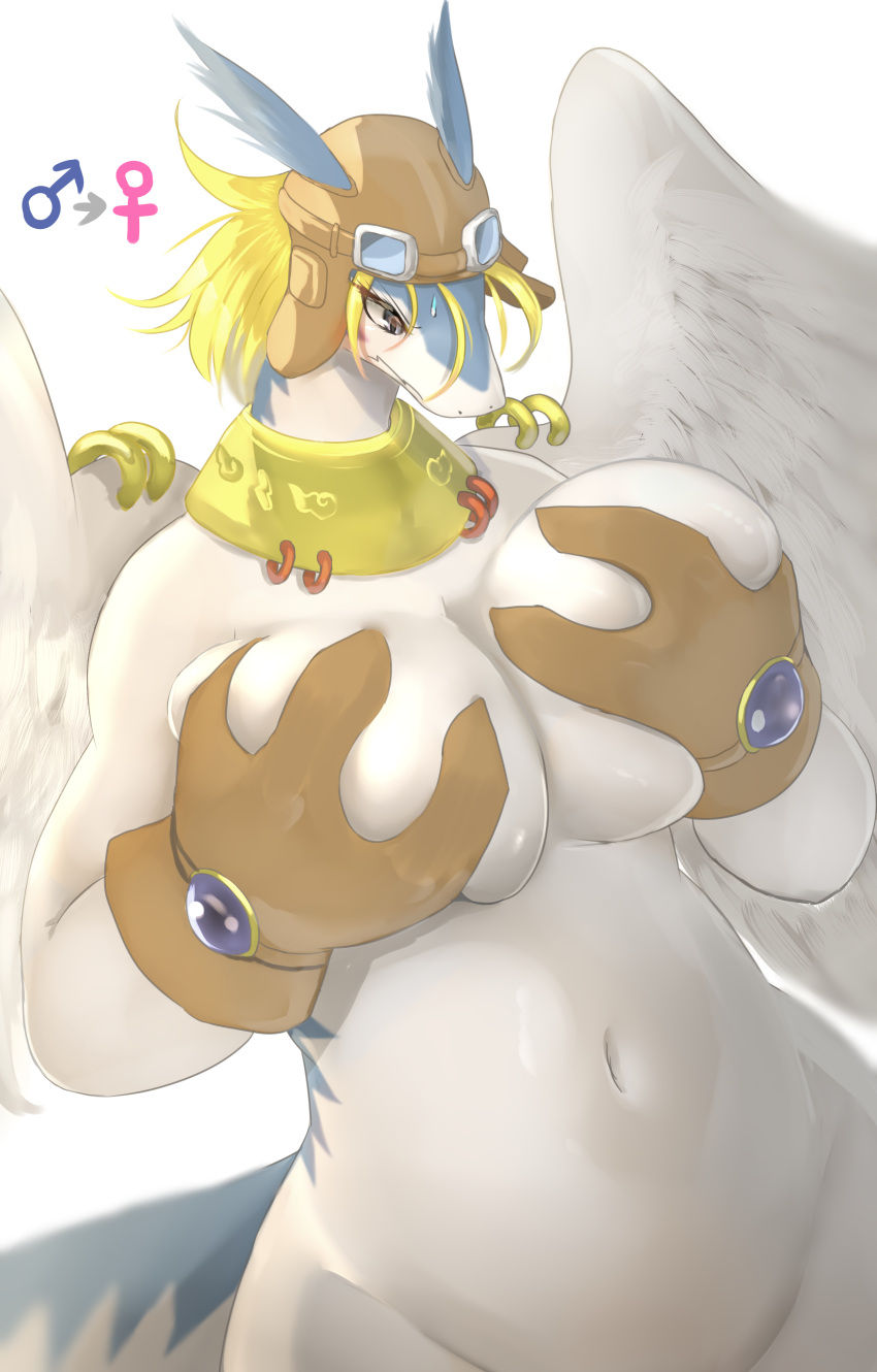 absurd_res anthro big_breasts breast_grab breasts clothing crossgender dragon eyewear feathered_wings feathers female fur hair hand_on_breast handwear hi_res hopping4 legendz shiron simple_background solo white_background wings