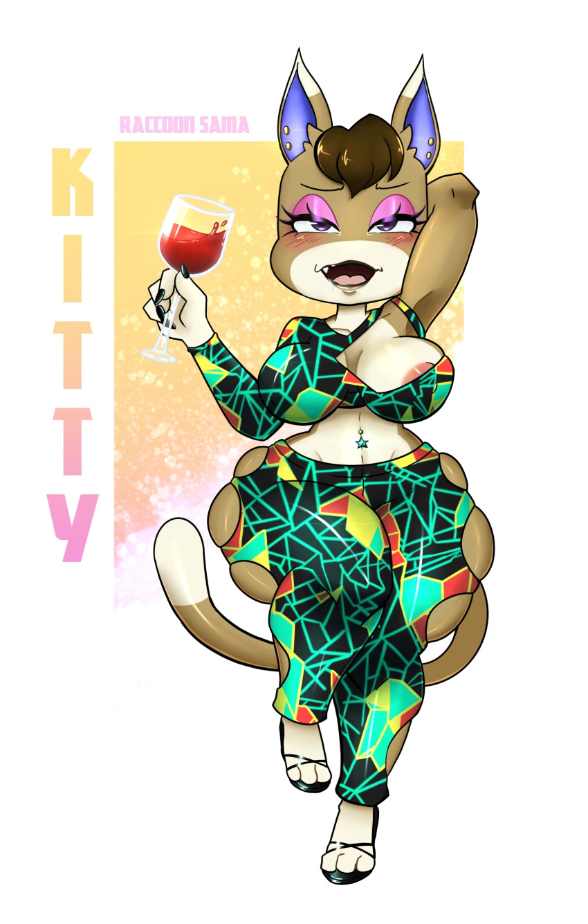 absurd_res alcohol animal_crossing anthro areola areola_slip beverage big_breasts black_clothing black_footwear black_nails black_shoes blush blush_lines bodily_fluids breasts brown_body brown_fur brown_hair brown_lipstick clothing colored_nails container cup dipstick_ears dipstick_tail domestic_cat drinking_glass drunk ear_piercing eyelashes eyeshadow felid feline felis female footwear fur glass glass_container glass_cup hair hand_behind_head head_tuft hi_res holding_beverage holding_object huge_breasts kitty_(animal_crossing) looking_at_viewer makeup mammal markings multicolored_ears nails navel navel_piercing nintendo open_mouth pattern_clothing pattern_topwear piercing pink_areola pink_eyeshadow purple_eyes raccoon_sama saliva simple_background skindentation snaggle_tooth solo substance_intoxication tail tail_markings text thick_thighs topwear tuft white_background white_body white_fur wide_hips wine wine_glass yellow_background