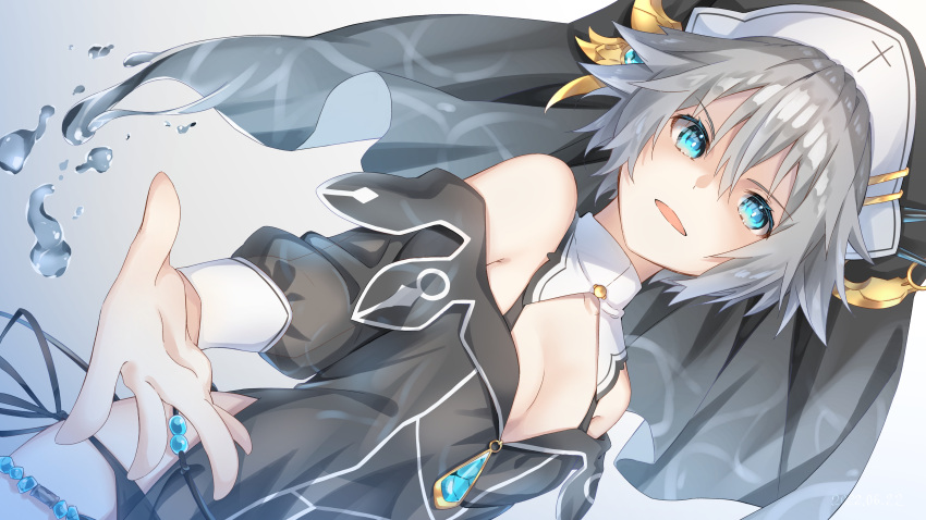 1girl absurdres blue_eyes breasts date_a_live dress dutch_angle grey_hair highres honjou_nia kuro_leika00x medium_breasts nun