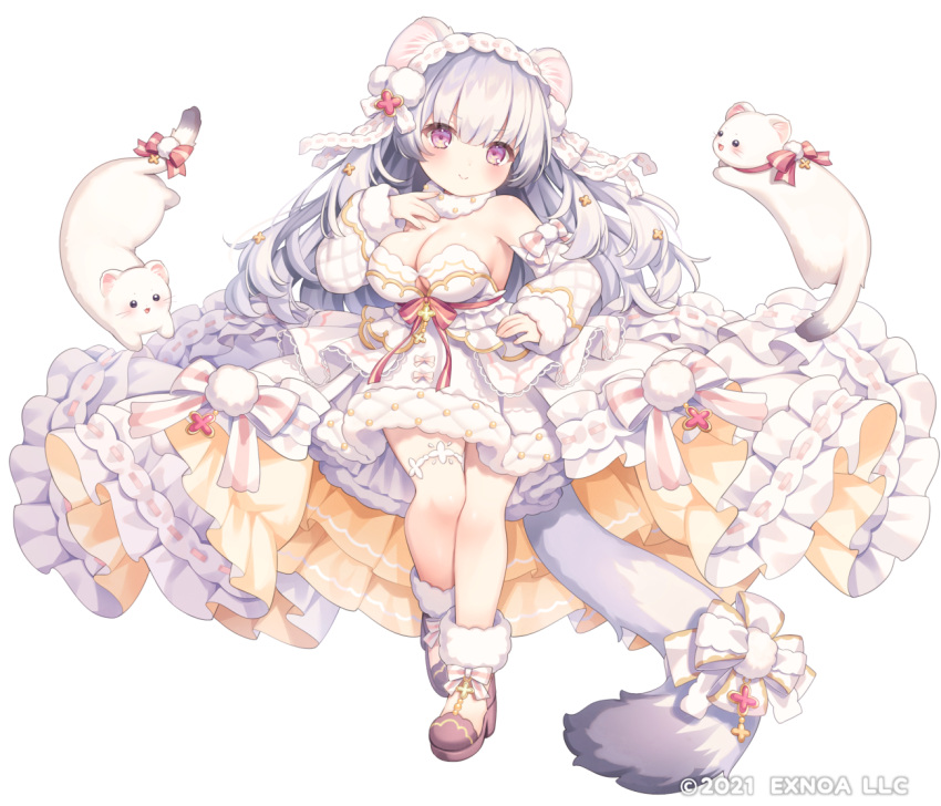 &gt;:) 1girl :d angelic_link animal animal_ear_fluff animal_ears animal_request bare_shoulders black_footwear blush bow breasts character_request cleavage closed_mouth detached_sleeves dress ferret full_body fur-trimmed_dress fur-trimmed_sleeves fur_trim grey_hair hand_up head_tilt komachi_pochi large_breasts long_hair long_sleeves looking_at_viewer official_art puffy_long_sleeves puffy_sleeves purple_eyes red_bow ribbon_trim shoes simple_background sleeves_past_wrists smile solo standing standing_on_one_leg striped striped_bow v-shaped_eyebrows very_long_hair white_background white_dress white_sleeves