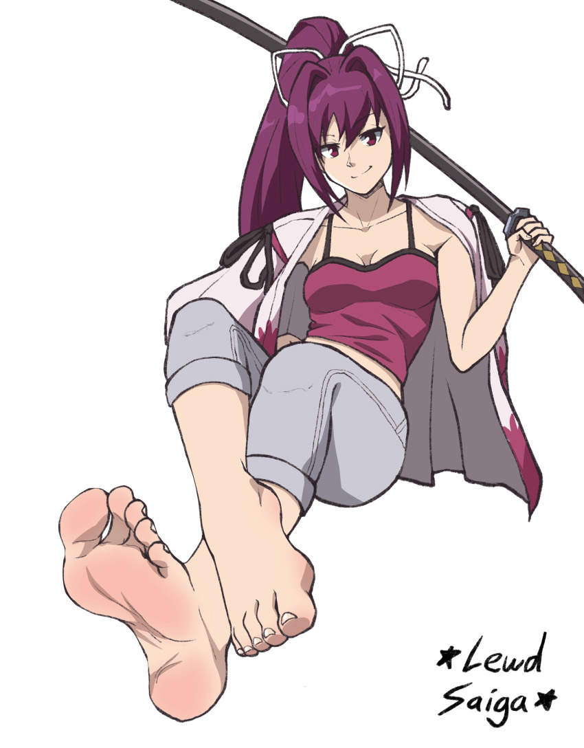 1girl absurdres artist_logo artist_name barefoot breasts closed_mouth collarbone commentary commission crop_top crossed_legs english_commentary feet foot_focus foreshortening full_body grey_pants hair_between_eyes hair_ribbon hand_on_own_hip hand_up high_side_ponytail highres holding jacket jacket_on_shoulders katana large_breasts leaning_back lewdsaiga long_hair looking_at_viewer midriff pants ponytail purple_hair red_eyes ribbon sidelocks simple_background smile soles solo sword toenails toes under_night_in-birth weapon white_background white_ribbon yuzuriha_(under_night_in-birth)