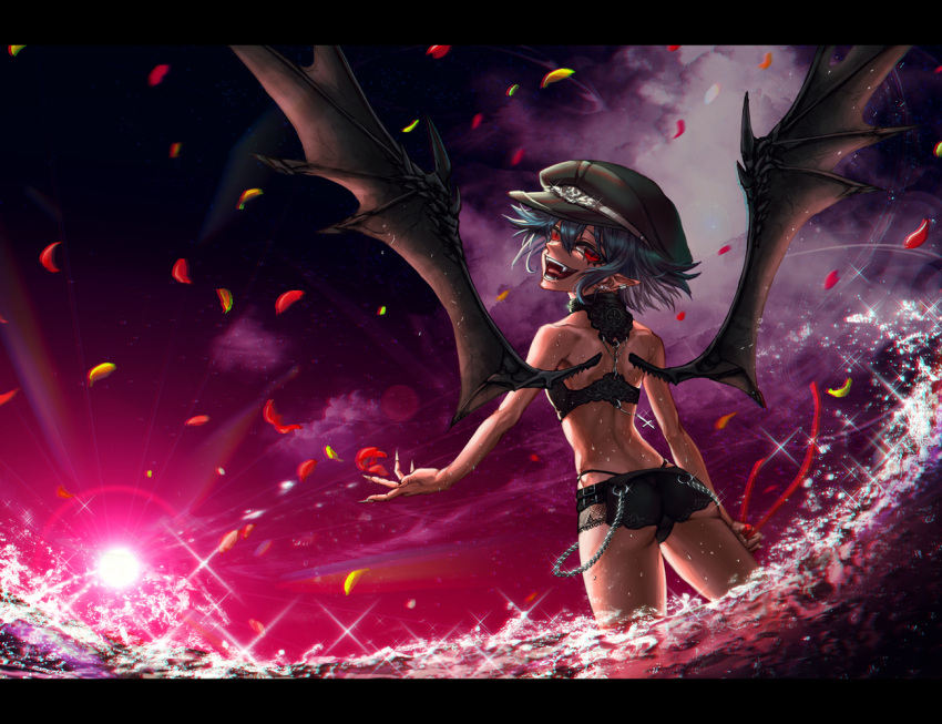 1girl alternate_costume ass back black_bra black_headwear black_panties black_wings blue_hair bra chain cloud commentary_request cowboy_shot demon_girl demon_wings earrings fangs fingernails from_behind hair_between_eyes hat jewelry lastdark lens_flare letterboxed long_bangs looking_at_viewer looking_back open_mouth panties peaked_cap petals pointy_ears purple_sky red_eyes remilia_scarlet sharp_fingernails short_hair sky slit_pupils smile solo sun touhou underwear underwear_only wings