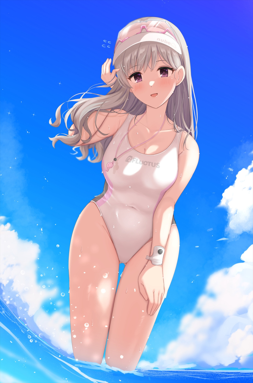 1girl blue_sky cloud collarbone competition_swimsuit grey_hair hand_on_own_thigh highres idolmaster idolmaster_shiny_colors leaning_forward long_hair looking_at_viewer namidako official_alternate_costume one-piece_swimsuit purple_eyes sky solo standing swimsuit thigh_gap visor_cap wading water whistle whistle_around_neck white_one-piece_swimsuit wristband yukoku_kiriko