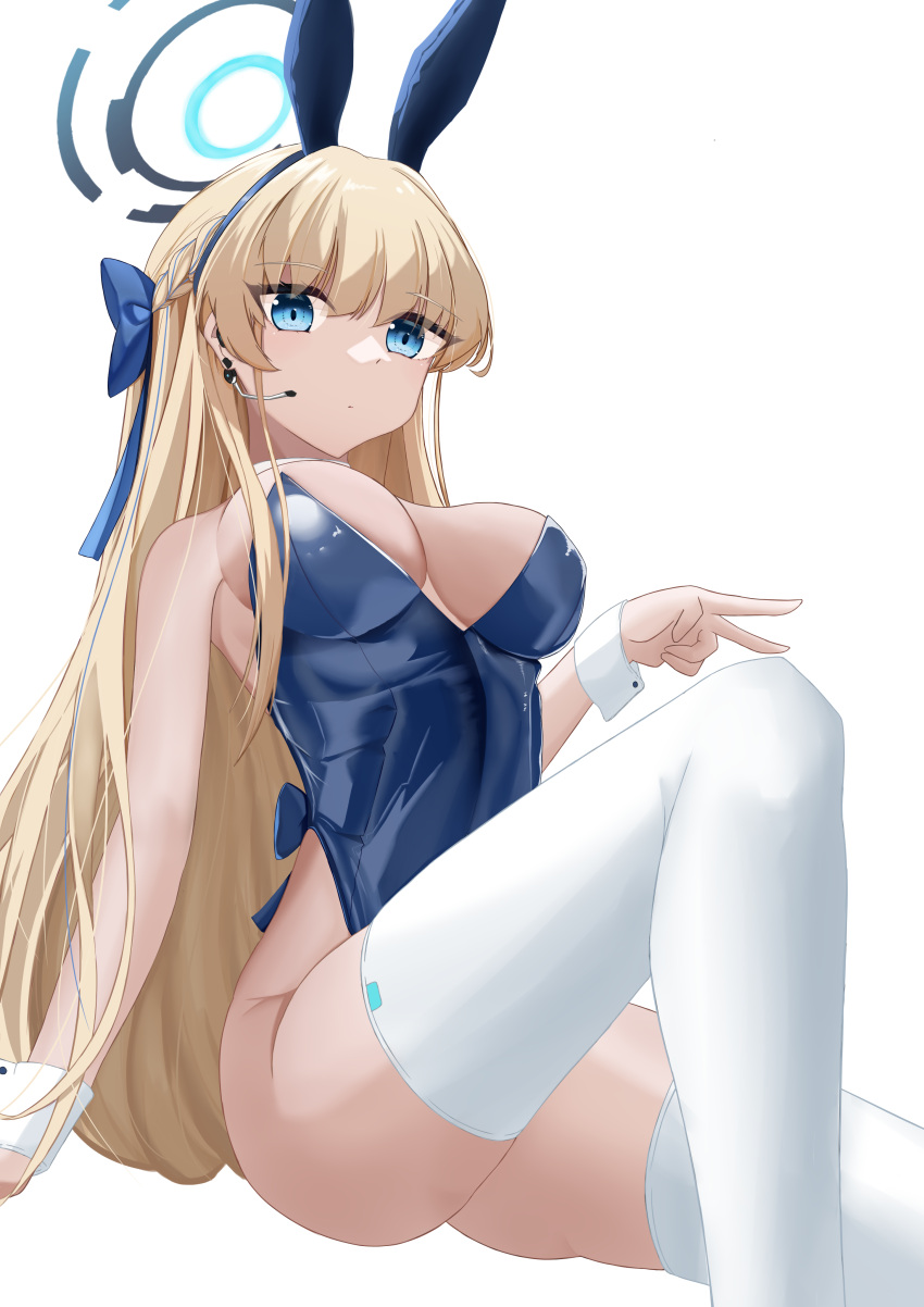 1girl absurdres alternate_breast_size animal_ears bare_shoulders blonde_hair blue_archive blue_bow blue_eyes blue_hairband blue_leotard bow bowtie braid breasts detached_collar fake_animal_ears hairband halo highleg highleg_leotard highres knee_up large_breasts leotard long_hair microphone official_alternate_costume official_alternate_hairstyle playboy_bunny rabbit_ears simple_background sitting solo thighhighs thighs toki_(blue_archive) toki_(bunny)_(blue_archive) tokiyanagi v very_long_hair white_background white_thighhighs wrist_cuffs