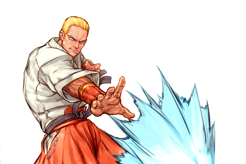 1boy blonde_hair blue_eyes clenched_teeth dougi fatal_fury fireball geese_howard hair_slicked_back hakama hakama_pants highres japanese_clothes looking_at_object male_focus muscular muscular_male nishimura_kinu_(style) pants red_hakama setsuna_kasugano short_hair solo teeth the_king_of_fighters twitter_username v-shaped_eyebrows white_background wristband