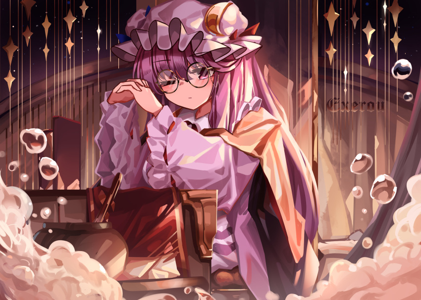 1girl absurdres artist_name bespectacled blue_ribbon bubble cauldron check_commentary commentary_request crescent crescent_hat_ornament desk expressionless foam glasses gradient_background hat hat_ornament hat_ribbon highres long_hair looking_at_viewer mob_cap one_eye_closed own_hands_together patchouli_knowledge purple_eyes purple_hair red_ribbon ribbon robe round_eyewear solo top-exerou touhou very_long_hair watermark wide_sleeves