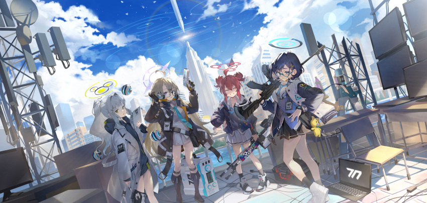 4girls absurdres black_hair blue_archive blue_halo building chair chihiro_(blue_archive) closed_eyes cloud cloudy_sky computer day glasses green_eyes green_halo grin halo hare_(blue_archive) highres kotama_(blue_archive) ktr_(tpun2553) laptop light_brown_hair long_hair maki_(blue_archive) monitor multiple_girls outdoors ponytail purple_halo red_hair red_halo school_chair short_hair sky smile veritas_(blue_archive) white_hair