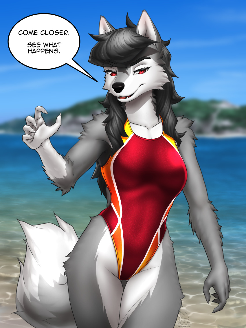 2023 5_fingers absurd_res anthro beach black_hair black_nose breasts canid canine canis clothed clothing dialogue english_text fangs female fingers fur grey_body grey_fur hair hi_res humanoid_hands mammal multicolored_body multicolored_fur mykegreywolf nature one-piece_swimsuit outside seaside smile solo speech_bubble swimwear teeth text tongue two_tone_body two_tone_fur water white_body white_fur wolf