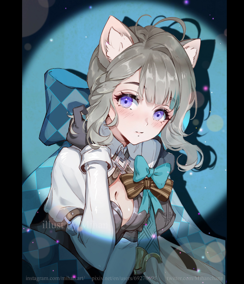 1girl adjusting_hair ahoge animal_ears artist_name back_bow black_gloves blush bow breasts cat_ears cleavage closed_mouth dress genshin_impact gloves grey_hair highres leaning_forward long_sleeves looking_at_viewer lynette_(genshin_impact) medium_breasts medium_hair mihan77108047 purple_eyes solo spotlight upper_body watermark