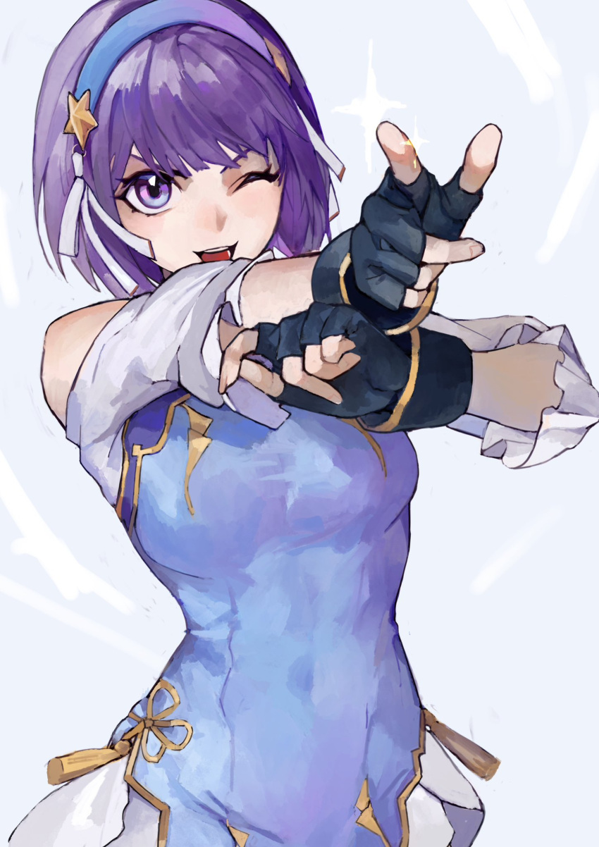 1girl asamiya_athena black_gloves blue_hairband fingerless_gloves gloves hairband highres one_eye_closed oni_gini pointing pointing_at_viewer purple_eyes purple_hair short_hair solo the_king_of_fighters