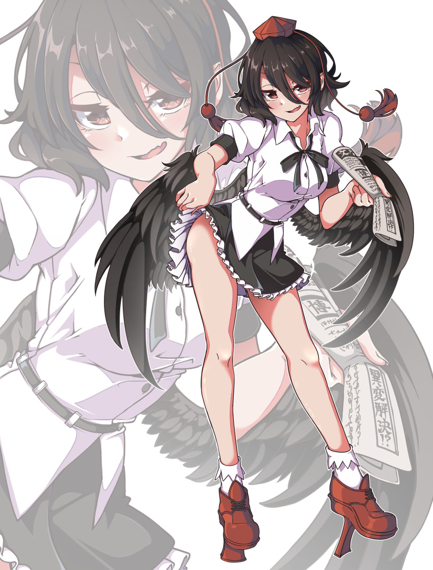 1girl absurdres bird_wings black_hair black_skirt black_wings blush breasts buttons collared_shirt fang feathered_wings frilled_skirt frills gokuu_(acoloredpencil) hat highres holding holding_newspaper large_breasts looking_at_viewer newspaper open_mouth puffy_short_sleeves puffy_sleeves red_eyes red_footwear red_headwear shameimaru_aya shirt shoes short_hair short_sleeves skin_fang skirt smile socks solo tokin_hat touhou white_shirt white_socks wings zoom_layer