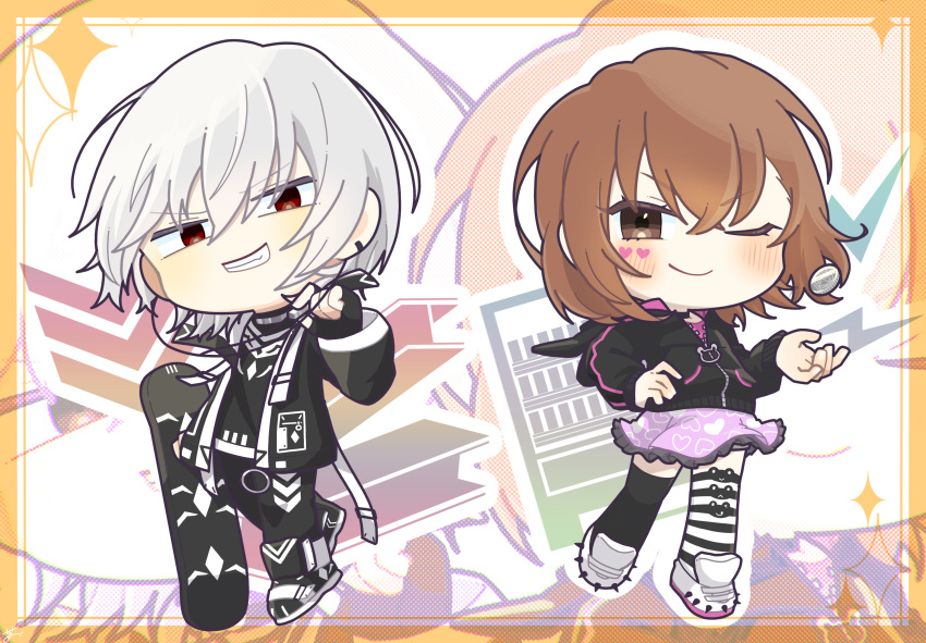 #compass 1boy 1girl accelerator_(toaru_majutsu_no_index) asymmetrical_legwear black_gloves black_jacket blush border brown_eyes brown_hair chibi coin crossover diagonal-striped_shirt ear_piercing electrodes fingerless_gloves gekota gloves grey_choker grin heart_stickers highres holding holding_coin holding_skateboard hood hood_down jacket lightning_bolt_symbol looking_at_viewer misaka_mikoto mismatched_legwear multicolored_clothes multicolored_jacket official_alternate_costume one_eye_closed orange_border piercing pink_skirt red_eyes shoes short_hair shorts shorts_under_skirt skateboard skirt smile sneakers sparkle spiked_footwear tgt toaru_majutsu_no_index two-tone_footwear two-tone_jacket two-tone_pants two-tone_shirt vending_machine white_hair