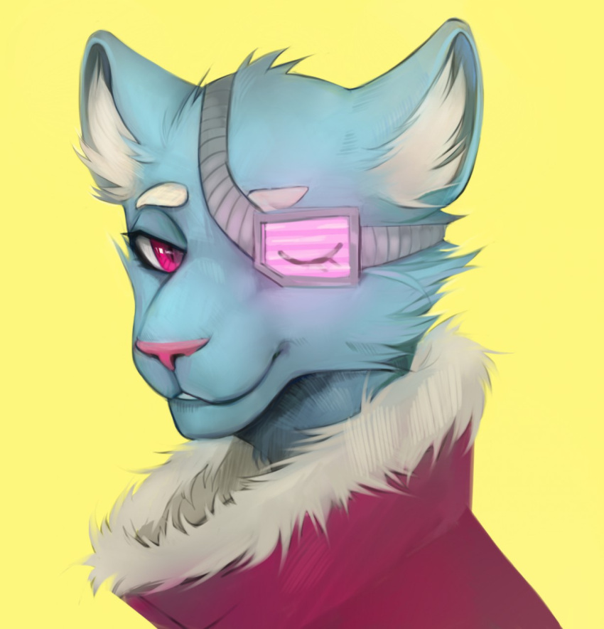 2015 akrolayn ambiguous_gender anthro blue_body blue_fur bust_portrait cheek_tuft clothed clothing digital_media_(artwork) digital_painting_(artwork) eye_patch eyebrows eyelashes eyewear facial_tuft felid feline fur geodis head_tuft headshot_portrait hi_res inner_ear_fluff mammal monotone_body monotone_fur pink_nose portrait red_clothing red_eyes red_topwear signature smile solo tan_eyebrows tan_inner_ear_fluff topwear tuft unavailable_at_source