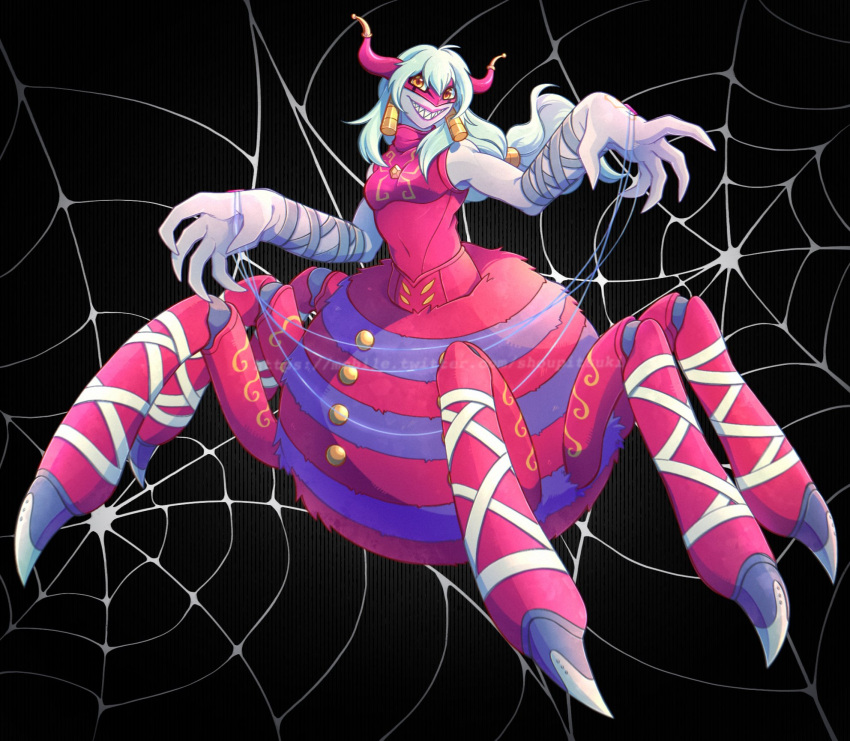 1girl archnemon arthropod_girl bandaged_wrist bandages black_background digimon digimon_(creature) highres horns long_hair looking_at_viewer monster_girl pink_shirt sharp_teeth shirt shoupitsuki silk simple_background sleeveless solo spider_girl spider_web teeth white_hair yellow_eyes