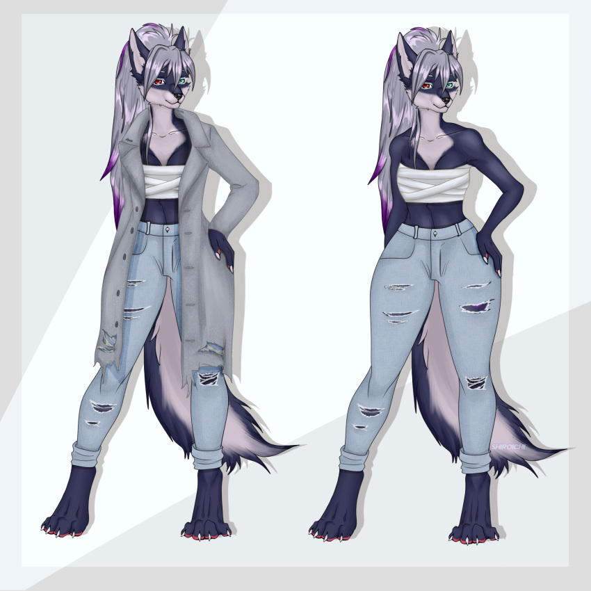 anthro antropomorto bandage blue bottomwear canid canine clothing coat custom customization denim denim_clothing female fox furry hair hi_res invalid_tag jeans mammal pants ponytail raincoat shadow shiroichi_air shiroichiair tail top_(disambiguation) topwear torn