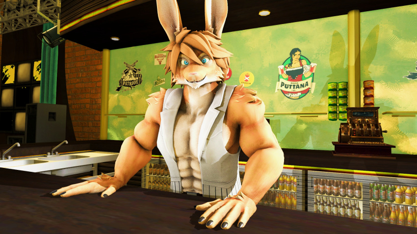 16:9 2022 3d_(artwork) abs anthro athletic athletic_anthro athletic_male bar bartender biceps blue_eyes brown_body brown_fur brown_hair claws clothing detailed_background digital_media_(artwork) fingers fur hair hi_res inside lagomorph leporid long_ears looking_at_viewer male mammal multicolored_body multicolored_fur muscular muscular_anthro muscular_male open_mouth pecs rabbit short_hair smile solo source_filmmaker tan_body tan_fur teeth topwear two_tone_body two_tone_fur vest viper-desires widescreen