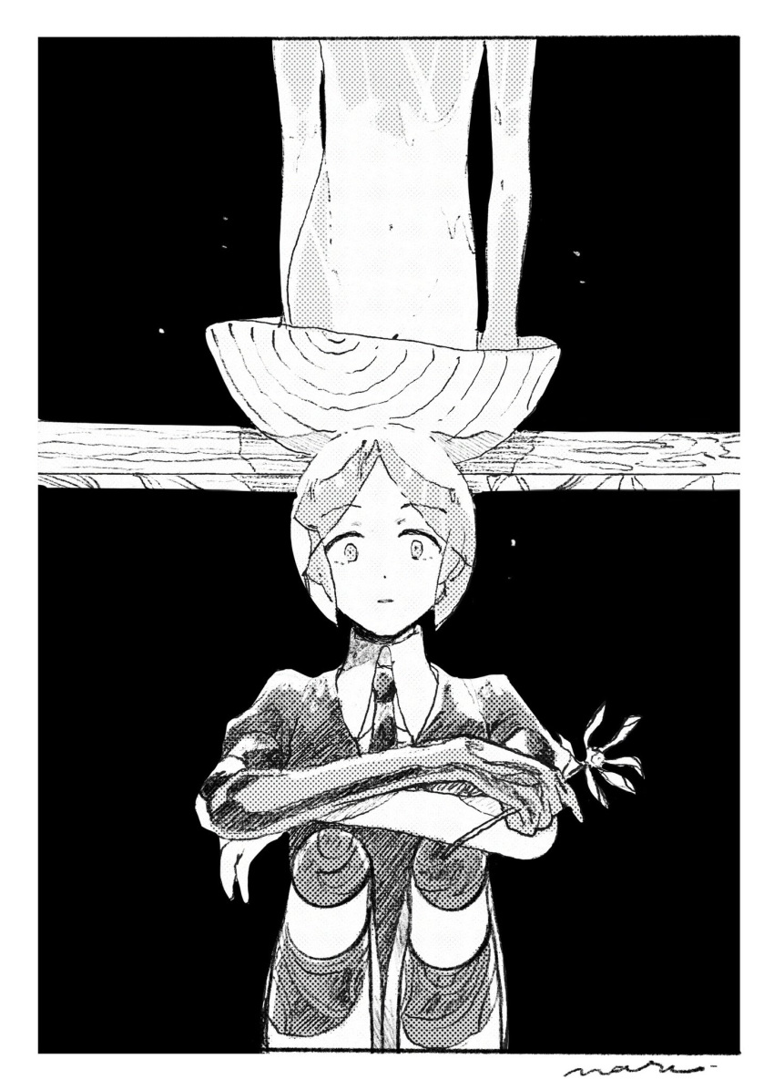 2others antarcticite basin border collared_shirt commentary flower gem_uniform_(houseki_no_kuni) golden_arms greyscale highres holding holding_flower houseki_no_kuni in_bowl in_container knees_up lililin looking_at_viewer monochrome multiple_others necktie nude other_focus out_of_frame parted_hair phosphophyllite puffy_short_sleeves puffy_sleeves shirt short_hair short_sleeves signature sitting solo_focus straight-on surprised wide-eyed
