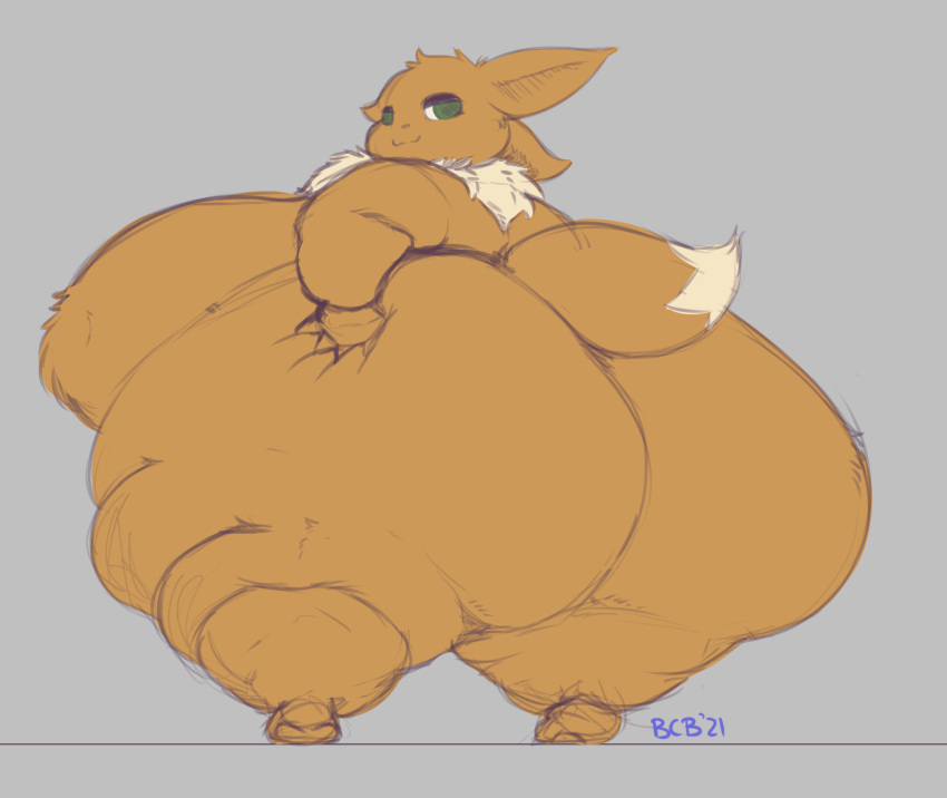 2021 anthro big_breasts big_butt breasts brown_body brown_fur butt curvy_figure eevee fat_legs female fur generation_1_pokemon green_eyes grey_background hand_on_butt hi_res huge_breasts huge_butt mammal nintendo overweight overweight_anthro overweight_female pokemon pokemon_(species) signature simple_background smile solo thick_thighs voluptuous wide_hips xero