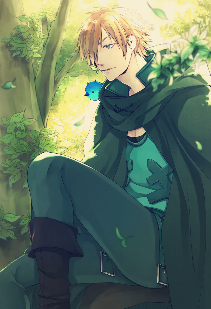 1boy animal_on_shoulder belt bird bird_on_shoulder black_footwear blue_bird blue_eyes brown_hair cloak fate/extra fate_(series) forest green_cloak green_shirt hair_over_one_eye highres hood hooded_cloak leaf m_ccoli male_focus mouth_hold nature outdoors robin_hood_(fate) shirt short_hair solo stalk_in_mouth