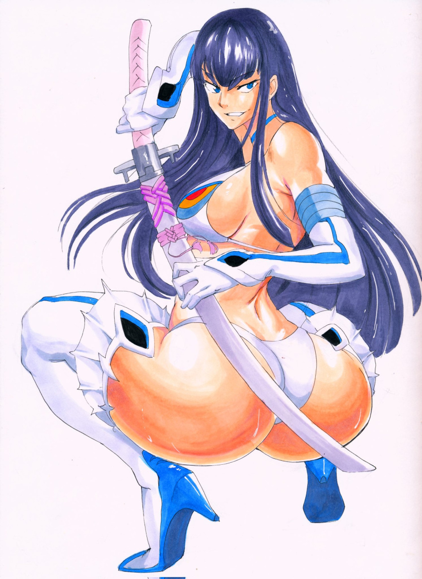 1girl adapted_costume ass bakuzan bare_shoulders bikini black_hair blue_eyes boots breasts elbow_gloves gloves high_heel_boots high_heels highres holding holding_sword holding_weapon huge_ass junketsu kill_la_kill kiryuuin_satsuki large_breasts long_hair looking_at_viewer looking_back octavius_(octavius_dp) sheath shoes smile solo squatting swimsuit sword thick_thighs thigh_boots thighs traditional_media unsheathing weapon white_background white_bikini white_gloves wide_hips
