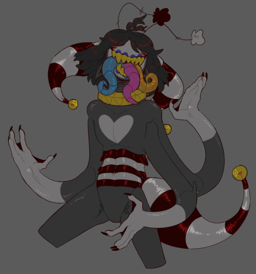 &lt;3 2018 3_arms 3_tongues bell black_hair ears_down flat_colors gills glistening glistening_body grey_background grey_body hair hi_res jester markings membrane_(anatomy) monster multi_arm multi_limb multi_tongue nails no_eyebrows not_furry pivoted_ears simple_background solo teeth tongue unknown_artist webbed_hands white_markings