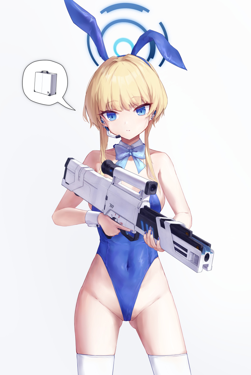 1girl 9malefi9 absurdres animal_ears ass assault_rifle blonde_hair blue_archive blue_bow blue_bowtie blue_eyes blue_halo blue_leotard bow bowtie breasts closed_mouth commentary covered_navel cowboy_shot detached_collar english_commentary fake_animal_ears groin gun h&amp;k_g11 halo highres holding holding_gun holding_weapon leotard medium_breasts official_alternate_costume rabbit_ears rifle short_hair_with_long_locks sidelocks simple_background solo strapless strapless_leotard thighhighs toki_(blue_archive) toki_(bunny)_(blue_archive) weapon white_background white_thighhighs wrist_cuffs