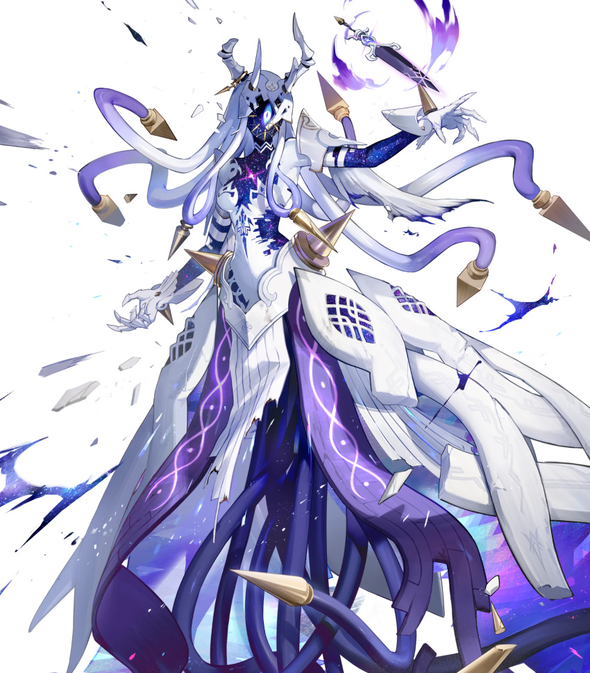 1girl broken damaged dress english_commentary fire_emblem fire_emblem_heroes ginnungagap_(fire_emblem) gloves highres horns hou_(ppo) mask mechanical_horns multicolored_hair official_art one-eyed purple_hair solo tentacle_hair torn_cloth transparent_background two-tone_hair white_dress white_gloves white_hair white_mask