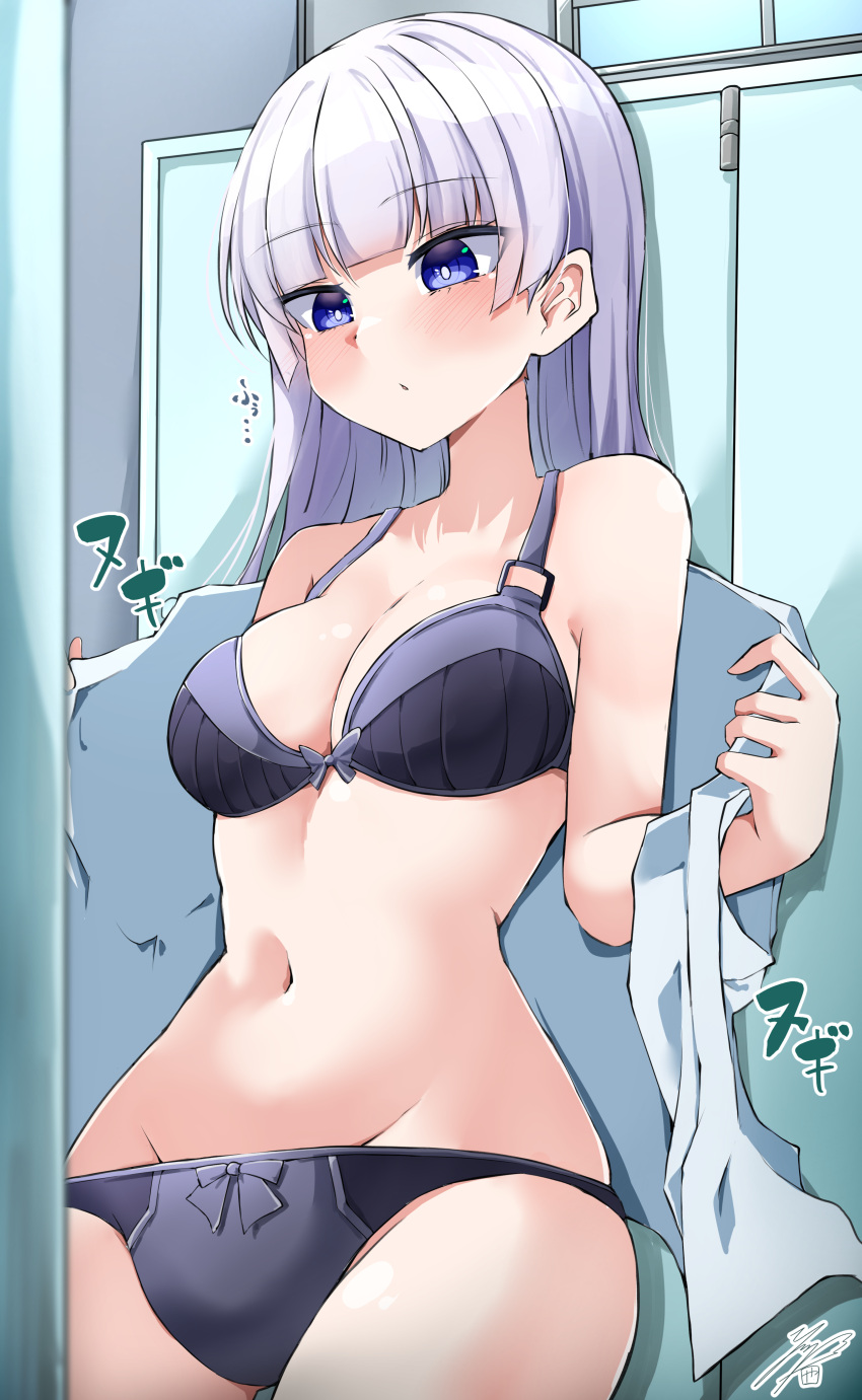1girl absurdres artist_name bangs bare_shoulders black_bow black_bra black_panties blue_eyes blunt_bangs blush bow bow_bra bow_panties bra breasts bright_pupils cleavage commentary_request cowboy_shot dolphin_wave grey_hair groin hands_up highres indoors locker locker_room long_hair looking_away medium_breasts navel no_pants off_shoulder open_clothes open_shirt panties parted_lips schnee_weissberg shirt short_sleeves signature solo standing stomach underwear undressing white_pupils white_shirt ya-man