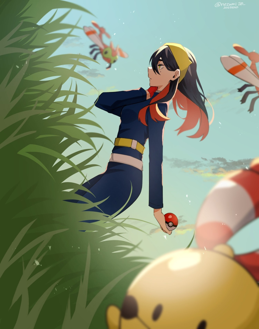 1girl belt black_hair blue_jacket blue_pants carmine_(pokemon) chingling closed_mouth cloud commentary_request day from_side genjitsu_o_miro gloves grass hairband hand_up highres holding holding_poke_ball jacket long_hair long_sleeves mole mole_under_eye outdoors pants poke_ball poke_ball_(basic) pokemon pokemon_(creature) pokemon_(game) pokemon_sv red_gloves single_glove sky strap white_belt yanma yellow_eyes yellow_hairband
