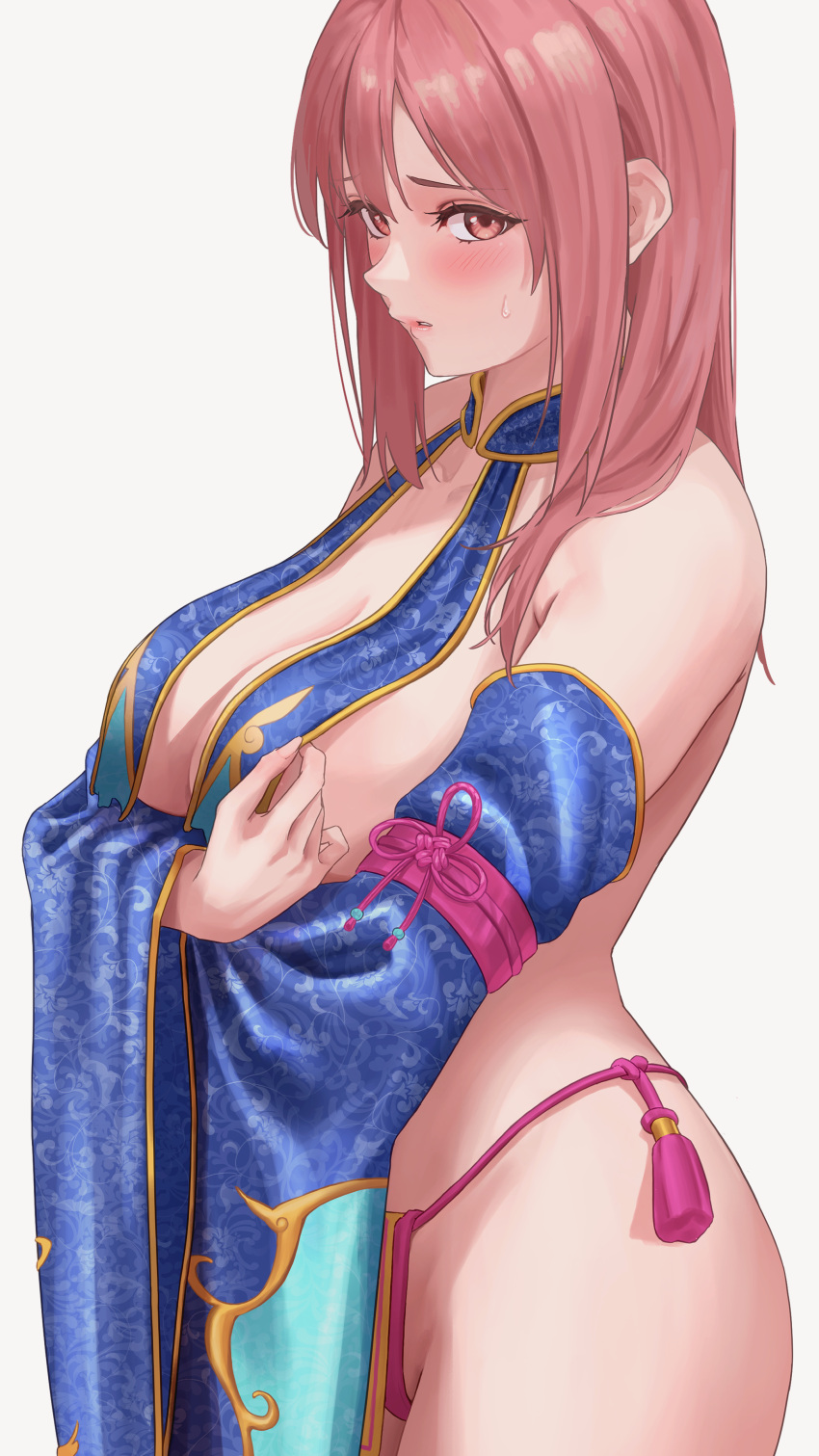 1girl absurdres arms_under_breasts blue_sleeves blush breast_curtains breasts commentary_request dead_or_alive dead_or_alive_5 dead_or_alive_xtreme detached_sleeves embarrassed from_side highres hoki1314 honoka_(doa) large_breasts long_hair looking_at_viewer looking_to_the_side panties parted_lips pink_eyes pink_hair pink_panties revealing_clothes sideboob simple_background solo string_panties underwear wide_sleeves