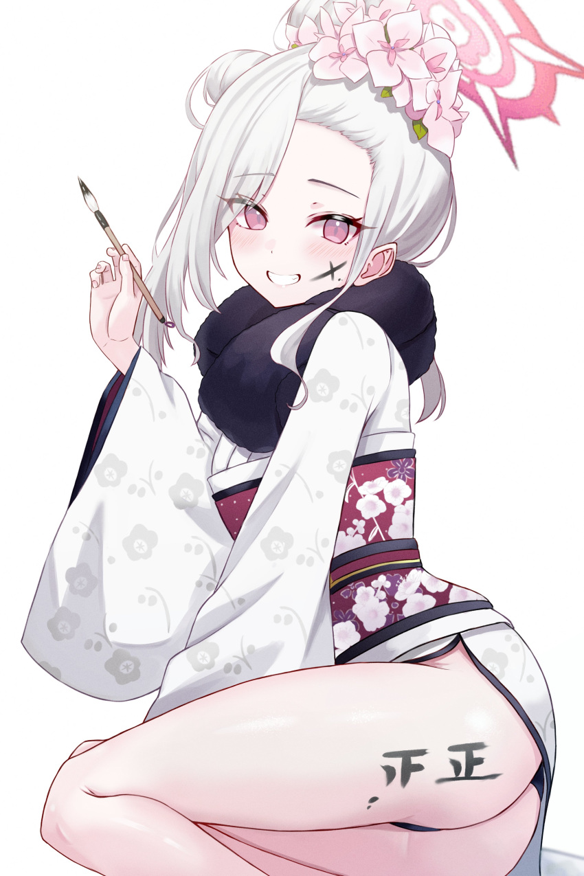 1girl absurdres arm_support ass black_panties blue_archive body_writing calligraphy_brush commentary eyelashes floral_print flower forehead fur-trimmed_kimono fur_trim grey_hair grin hair_bun hair_flower hair_ornament halo highres japanese_clothes jpeg_artifacts kano_(wi3028) kimono looking_at_viewer mutsuki_(blue_archive) mutsuki_(new_year)_(blue_archive) obi obijime paintbrush panties panty_peek pink_eyes pointy_ears sash simple_background single_side_bun smile solo swept_bangs tally teeth thighs underwear white_background white_kimono