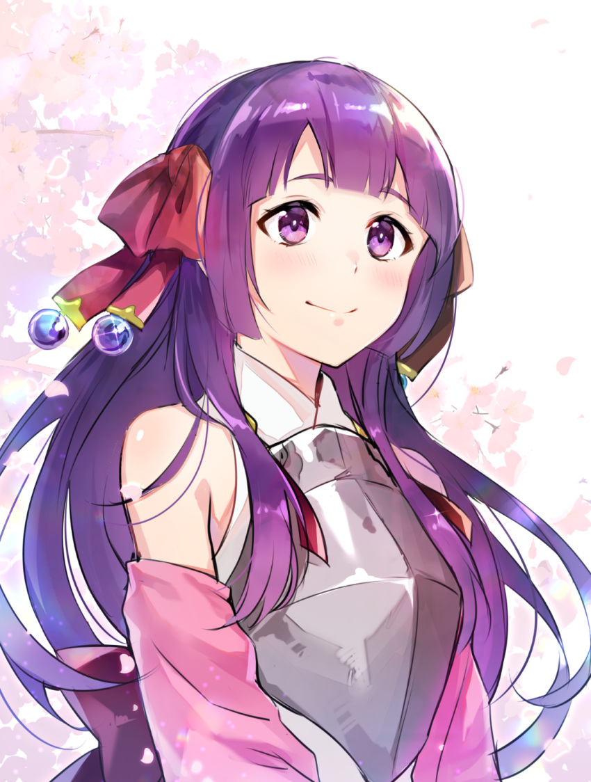 arianna_caledonia armor blush bow branch breastplate cherry_blossoms detached_sleeves e_(eokiba) hair_bow highres long_hair petals purple_eyes purple_hair red_bow sekaiju_no_meikyuu shin_sekaiju_no_meikyuu_2 smile upper_body