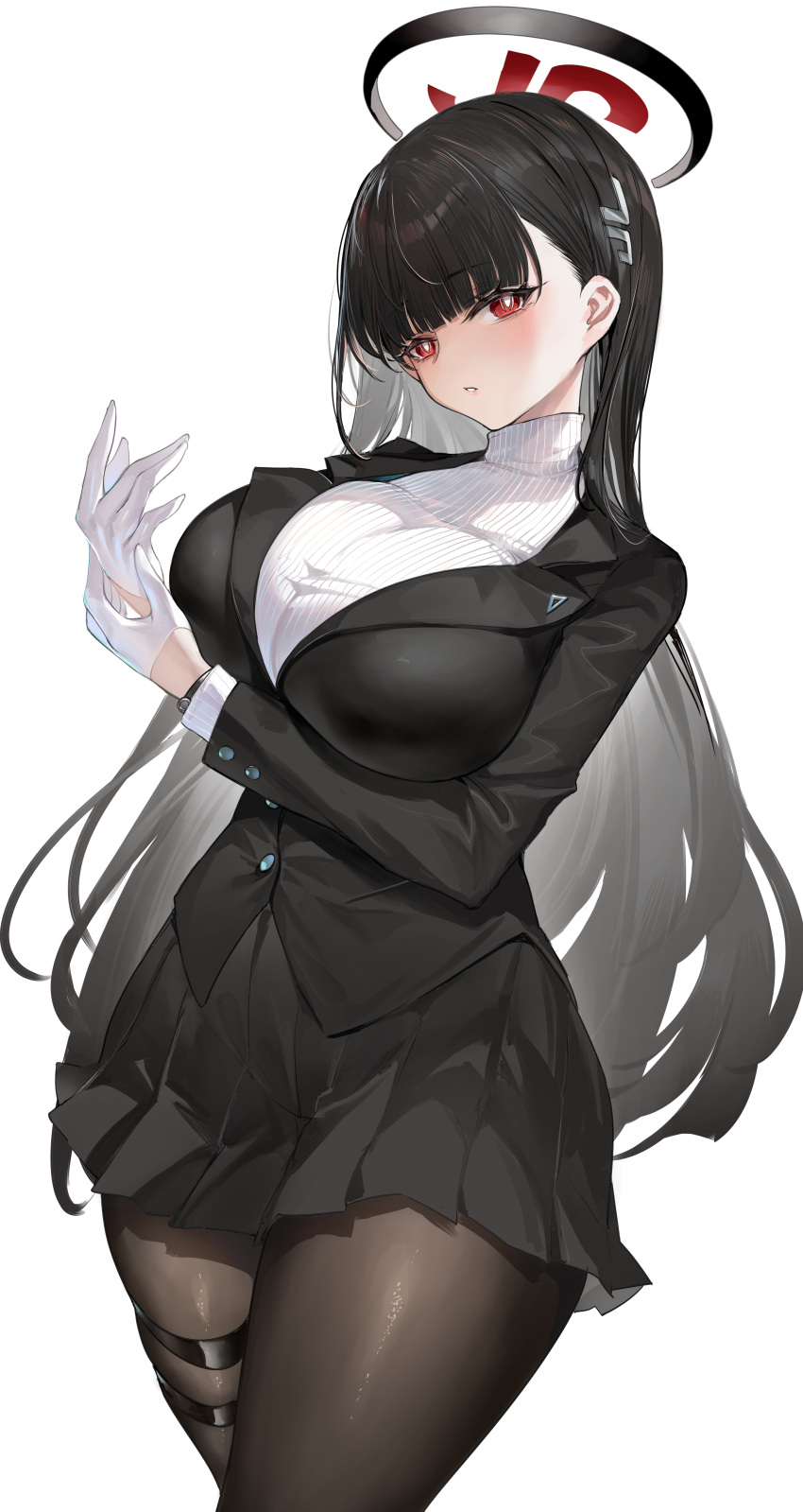 1girl absurdres ahoge black_hair black_jacket black_skirt blue_archive blunt_bangs blush breasts cleavage closed_mouth collared_shirt cowboy_shot garter_straps gloves hair_ornament halo highres horz jacket large_breasts long_hair long_sleeves looking_at_viewer pantyhose parted_lips pleated_skirt red_eyes ribbed_sweater rio_(blue_archive) shirt simple_background skirt solo standing sweater thighs very_long_hair white_background white_gloves white_sweater
