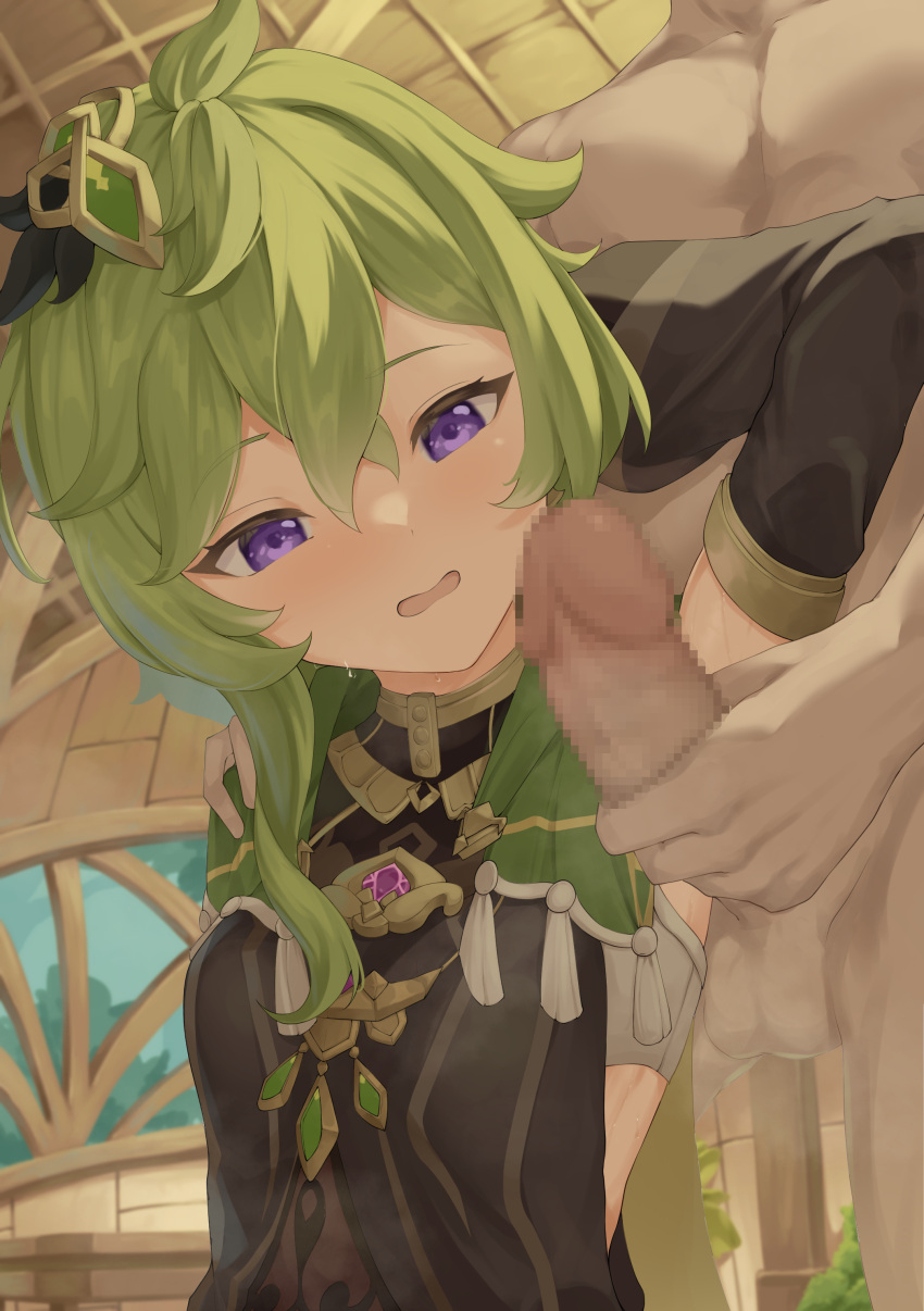 1boy 1girl absurdres arm_up armpit_sex armpits blush breasts cape censored clothed_female_nude_male collei_(genshin_impact) crossed_bangs dark-skinned_male dark_skin detached_sleeves earrings erection eyelashes genshin_impact green_cape green_hair gueya hair_between_eyes hair_ornament hair_over_shoulder hetero highres indoors jewelry long_hair long_sleeves looking_at_penis looking_down mosaic_censoring nude open_mouth paid_reward_available penis purple_eyes shoulder_cape sideless_outfit sidelocks sleeveless small_breasts solo_focus sweat sweatdrop testicles upper_body