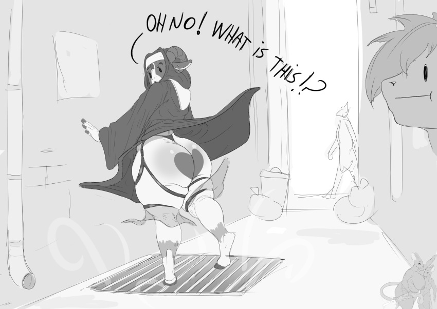 air_vent anthro big_butt bovid butt caprine clothed clothing dialogue dreamy_pride dreamy_pride_(character) dress equid equine female hi_res horse huge_butt male mammal monochrome nun raised_clothing raised_dress thong underwear