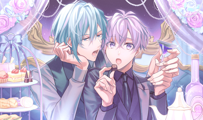 2boys arm_around_shoulder arm_support black_necktie blue_eyes blue_hair bottle cake chocolate cocktail_glass collared_shirt commentary_request couch cup curtains drinking_glass feeding flower food gradient_background highres holding holding_cup idolish7 indoors looking_at_viewer lower_teeth_only multiple_boys necktie open_mouth osaka_sougo pink_flower pink_rose purple_background purple_eyes purple_hair purple_shirt rose shirt suit teapot teeth tiered_tray tongue yaoi yotsuba_tamaki yuki07071006
