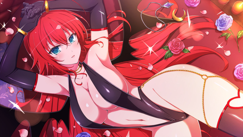 1girl ahoge armpits bare_shoulders bed black_gloves black_thighhighs blue_flower blue_rose blush bracelet breasts candle candlelight chain chain_necklace cleavage come_hither demon_girl demon_wings elbow_gloves fire flame flower gem gloves gold_chain groin hair_between_eyes high_school_dxd high_school_dxd_hero highres jewelry large_breasts leaf linea_alba lit_candle long_hair looking_at_viewer lying navel necklace on_back on_bed on_side parted_lips petals pillow purple_flower purple_gemstone purple_rose red_flower red_hair red_rose rias_gremory rose senran_kagura senran_kagura_new_link slingshot_swimsuit smile solo swimsuit thighhighs wings