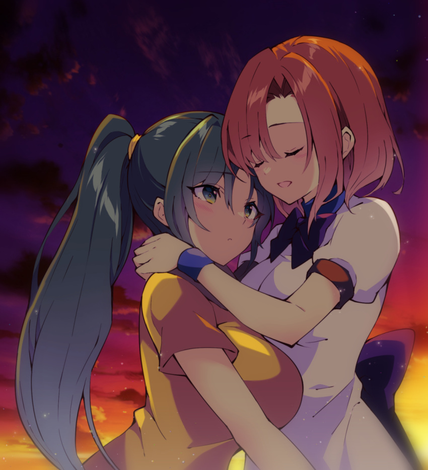 2girls back_bow blush bow breasts closed_eyes commentary_request dress dusk eyelashes eyes_visible_through_hair facing_another green_eyes grey_hair hair_between_eyes hand_on_another's_shoulder highres higurashi_no_naku_koro_ni hug large_breasts light_particles long_hair looking_at_another medium_breasts multiple_girls open_mouth orange_hair orange_sky outdoors parted_lips ponytail puffy_short_sleeves puffy_sleeves purple_bow purple_sky ryuuguu_rena shirt short_hair short_sleeves sidelocks sky smile sonozaki_mion straight_hair suzuragi_karin tsurime upper_body very_long_hair white_dress yellow_shirt