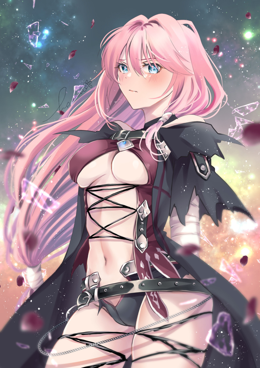 1girl bandaged_arm bandages black_hair blue_eyes breasts choker commentary_request hair_between_eyes hanasakuraya highres long_hair looking_at_viewer medium_breasts navel official_alternate_costume official_alternate_hairstyle pink_hair shionne_(tales) solo tales_of_(series) tales_of_arise tales_of_berseria torn_clothes underboob velvet_crowe very_long_hair