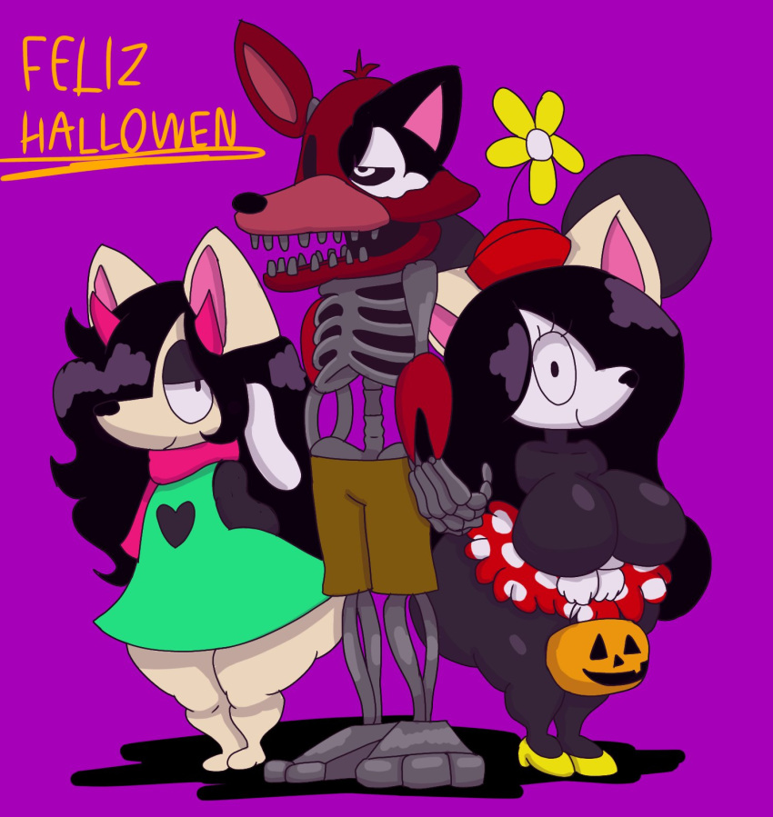 anthro bottomwear breasts canid canine canis clothing costume crow_(thedeathcrow) domestic_dog female footwear fox group halloween hi_res holidays lilith_(thedeathcrow05) male mammal one_eye_obstructed shirt shoes skirt smile thedeathcrow05 topwear trio tunic