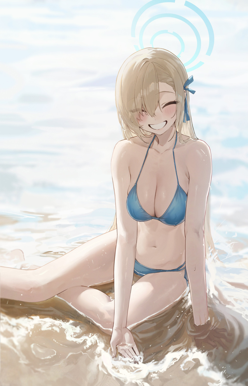 1girl ^_^ absurdres asuna_(blue_archive) bare_legs bare_shoulders beach bikini blue_archive blue_bikini breasts cleavage closed_eyes hair_over_one_eye halo highres in_water large_breasts light_brown_hair long_hair looking_at_viewer midriff navel outdoors smike smile so_shio solo swimsuit water wet