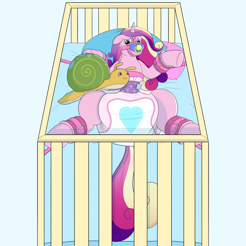 &lt;3 absurd_res bdsm big_diaper bondage bound clothed clothing cuff_(restraint) diaper diaper_fetish equid equine friendship_is_magic gag hasbro hi_res horn infantilism looking_at_viewer mammal my_little_pony object_in_mouth pacifier pacifier_gag pacifier_in_mouth plushie poofy_diaper princess_cadance_(mlp) restraints shackles unicorn wearing_diaper