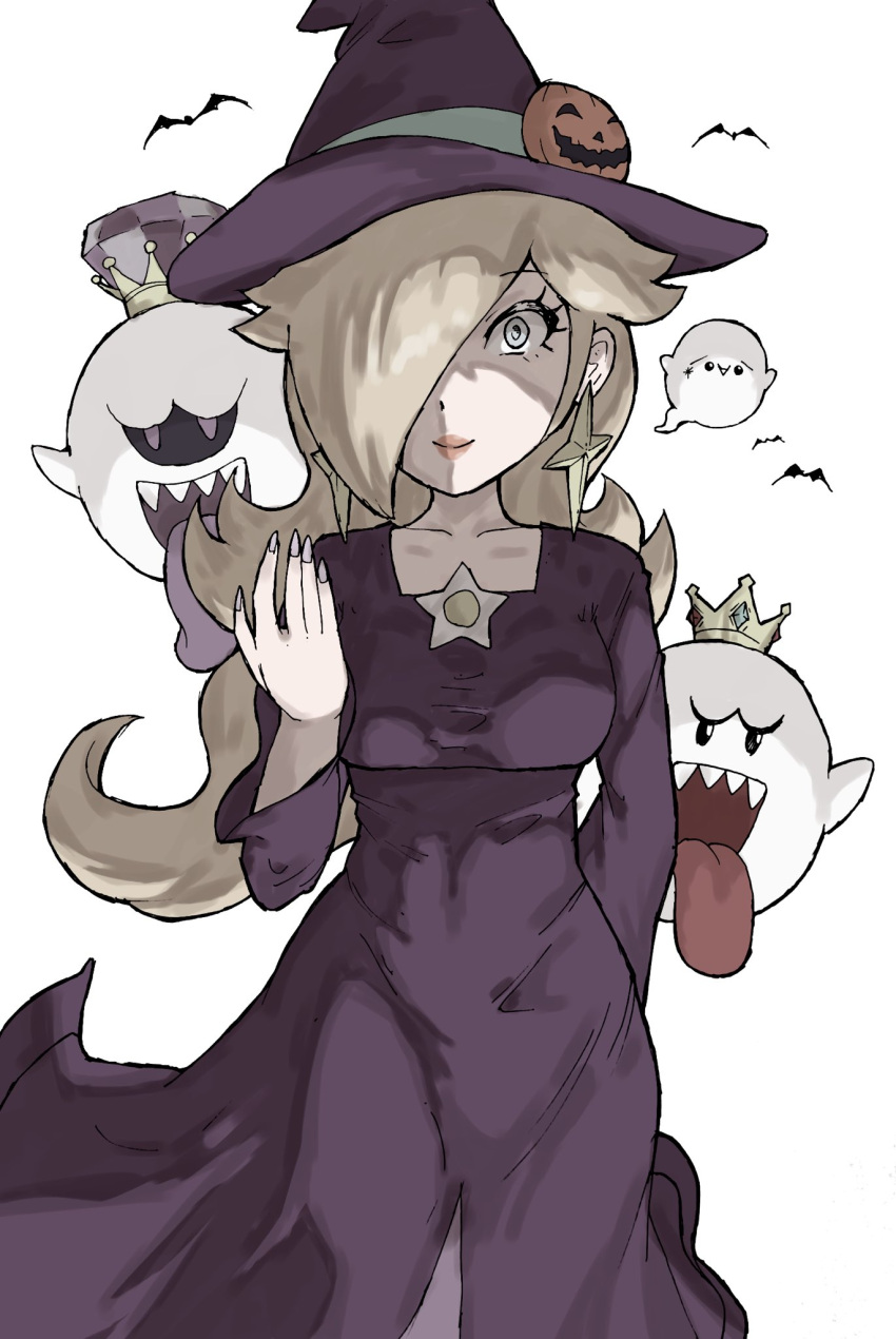 1girl bat_(animal) blonde_hair boo_(mario) breasts commentary_request crown dress earrings hair_over_one_eye halloween_costume hat highres jewelry king_boo long_dress long_hair looking_at_viewer mario_(series) mario_kart mario_kart_tour medium_breasts purple_dress purple_nails rosalina rosalina_(halloween) simple_background solo star_(symbol) star_earrings toggy_keiichi white_background witch_hat