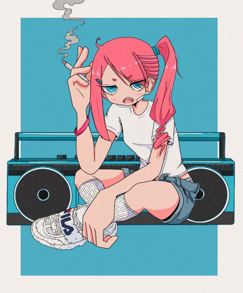 1girl ahoge asymmetrical_bangs bandaid bandaid_on_cheek bandaid_on_face blue_background blue_eyes boombox border breasts cigarette eyes_visible_through_hair fila full_body grey_shorts hair_ornament hair_over_one_eye hairclip hand_up highres holding holding_cigarette indian_style long_hair looking_at_viewer nao97122 open_mouth original outside_border pink_hair ribbed_socks ringed_eyes shirt shoes short_sleeves shorts side_ponytail single_sidelock sitting small_breasts smoke smoking sneakers socks solo t-shirt white_border white_footwear white_shirt white_socks