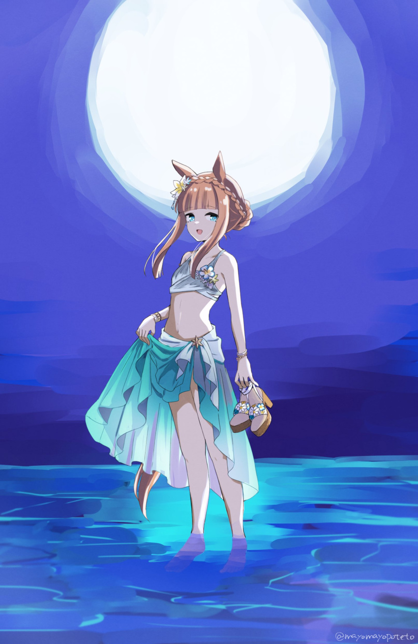 1girl :d absurdres animal_ears aqua_eyes bare_shoulders bikini blunt_bangs braid clothes_lift crown_braid ear_flower flower green_sarong hair_flower hair_ornament highres horse_ears horse_girl lifted_by_self looking_at_viewer official_alternate_costume official_alternate_hairstyle orange_hair partially_submerged sandals sandals_removed sangria_(sangria69) sarong sarong_lift sidelocks silence_suzuka_(emerald_on_the_waves)_(umamusume) silence_suzuka_(umamusume) smile solo summer's_sunlight_fades_to_blue_(umamusume) swimsuit twitter_username umamusume wading